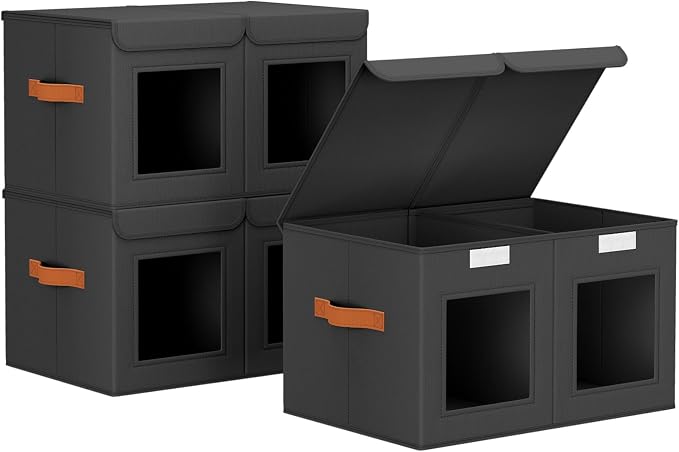 Homsorout Large Closet Storage Bins - Collapsible Divided Clothes Organizer with Lids & Dual Window, Fabric Organizing Bins for Clothes, Sweater, Bedroom, Office (Black, 3 Pack)