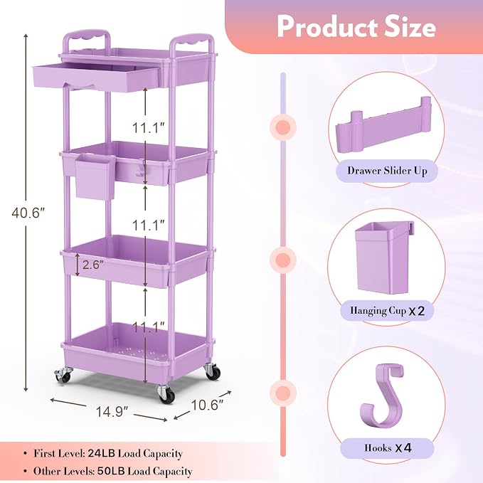 SUNALLY Makeup Cart Organizer with Drawer,4 Tier Rolling Makeup Cart,Purple | Rolling Vanity Storage for Skin Care Perfume Nail Polish, Floor Skincare Organizers Cosmetics Display Bathroom Storage Cart