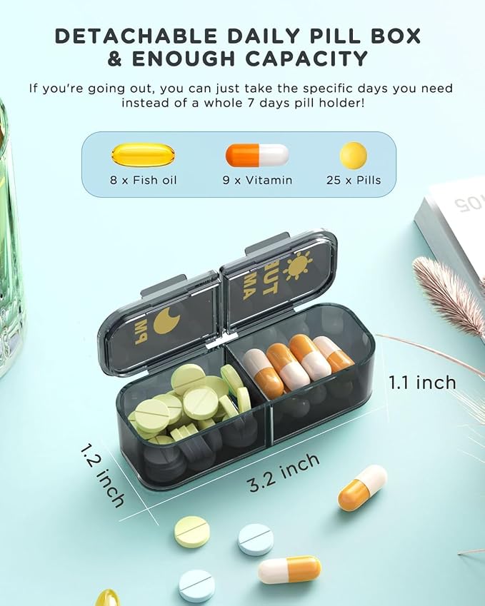 Acedada Pill Organizer 2 Times A Day, 7 Day Am Pm Pill Box, Black Grey | Weekly Pill Organizer Twice A Day, Portable Removable Daily Medicine Container Dispenser Case for Vitamin Fish Oil Supplement