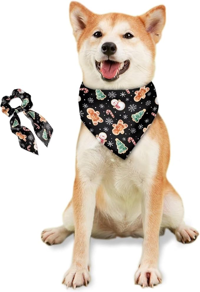 COEQINE Small Dog Bandanas Christmas Bandana for Dogs with Black Pink Hair Tie for Women Holiday Costume Gingerbread People Black Xmas Decor Pattern Triangle Bibs Scarf Accessories