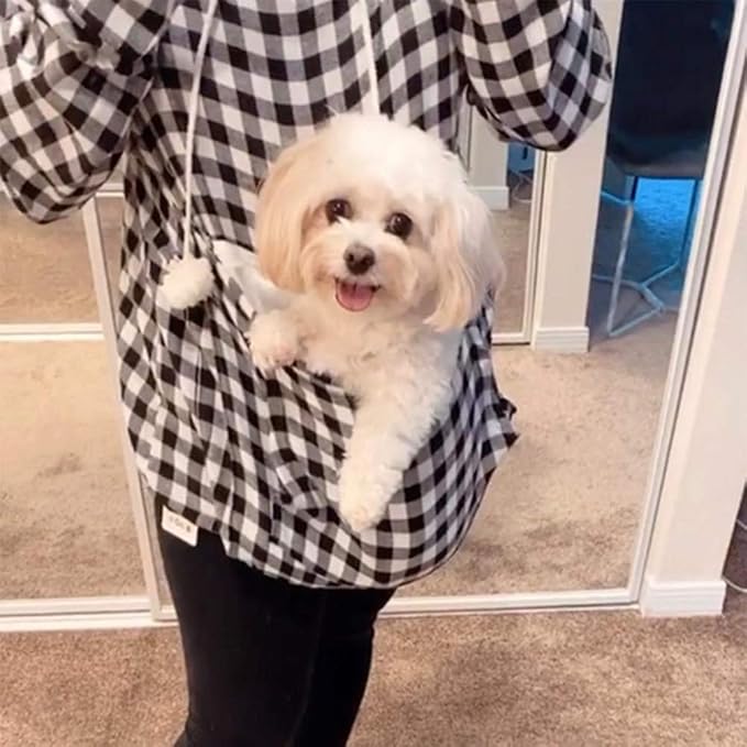 Pet Pouch Hoodie - Cat Dog Holder Sweatshirt Large Pocket Carrier Pullover Tops for Women (Black+White, X-Large)