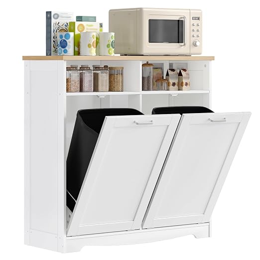 HOOBRO Double Tilt Out Trash Can Cabinet, 20 Gallon Kitchen Trash Bin Cabinet, Hidden Trash Storage with Open Compartments, Hidden Laundry Hamper, for Kitchen, Laundry, White and Natural WN04LJ01