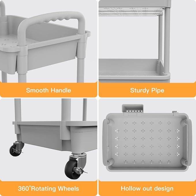5 Tier Rolling Utility Cart with Handle,REBECAT Utility Cart Made of Multifunctional Storage Organizer Tool for Kitchen,Bathroom,Living Room,Office(Gray)