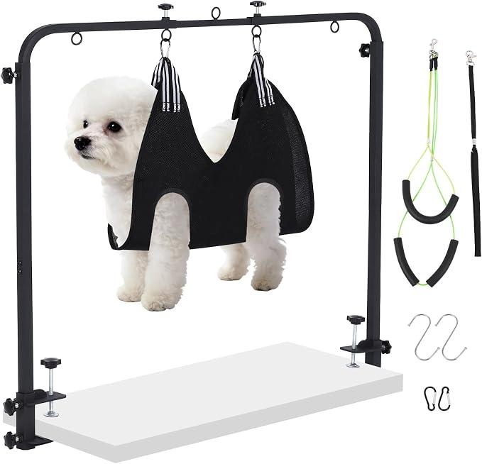 Dog Grooming Table Arm for Home Use, Pet Grooming Hammock & Nooses Included | Fits tables up to 2.76". 27"-39" wide, 42" tall. Holds pets up to 79 lbs. For nail trim, bath, drying