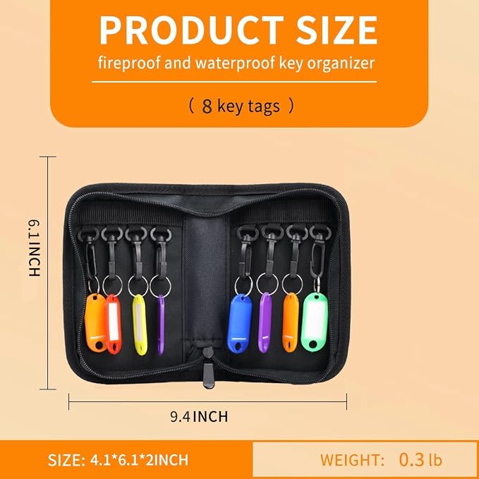 Sdstone Portable Zippered Key Organizer, Fireproof Key Case with 8 Key Hooks and Tags,Waterproof Key Binder,Portable Key Storage for Estate Sales Hotel Executives and Car Service