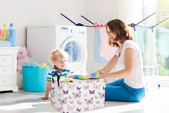 Essme Rectangular Butterfly Baskets,Kids Storage Basket with Handles for Girls Room Decor, Girls Storage Bin（Purple Butterfly）