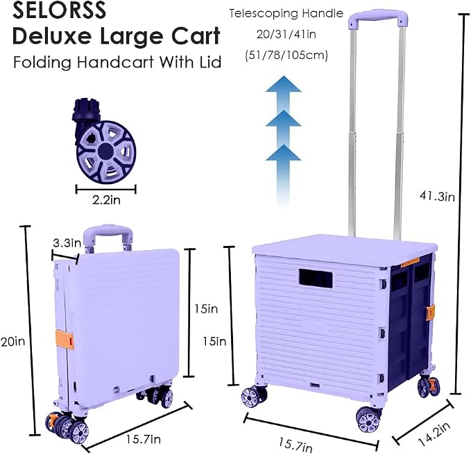 Foldable Utility Cart Portable Collapsible Crate Rolling Carts with Wheels Rolling Tote Basket Teacher Cart with Lid Wear-Resistant 360°Rotate Wheel Noiseless for Shopping Storage Office Use