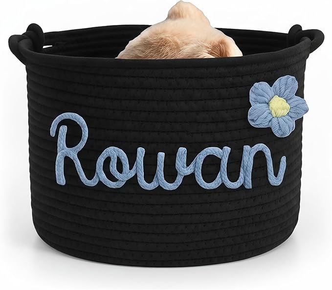 Personalized Dog Toy Storage Basket - Custom Woven Cotton Rope Bin with 3D Cord Name for Puppy Accessories, Treats & Pet Organization Grey L