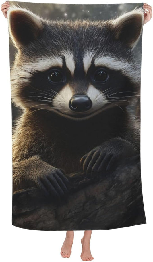 Raccoon Beach Towel 31inx51in, Animal Sand-Free Microfiber Bath Towel Ultra Soft Quick Dry Pool Towel Absorbent Towel Lightweight Towel for Swimming Bathroom Decor