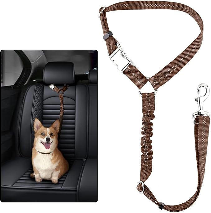 Plutus Pet Dog Seat Belt for Car Headrest, Reflective with Elastic Bungee | Adjustable Restraint for Safety, Vehicle Seatbelt Harness for Small Medium Large Dogs and Cats, Chocolate