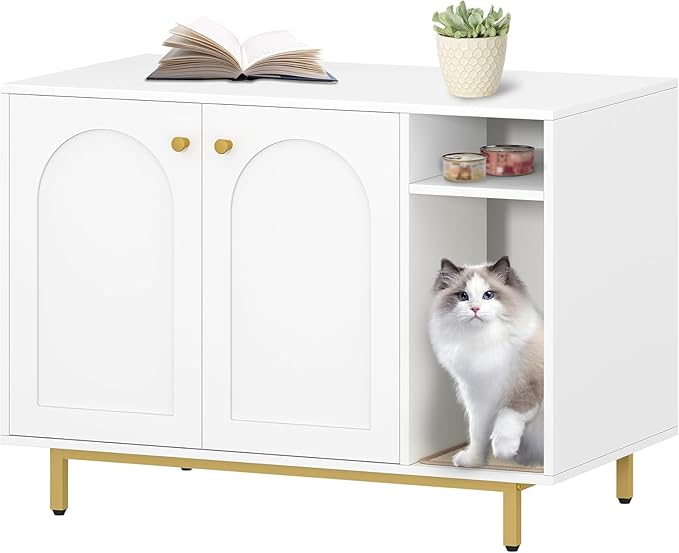 Hzuaneri Cat Litter Box Enclosure,Hidden Litter Box Furniture with Storage | Large Wooden Cabinet with Sisal Mat, Modern Cat Washroom for Living Room, Bedroom, Entryway, White and Gold CB84903A