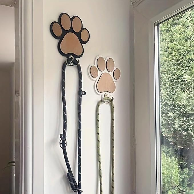 2 Pcs Wooden Paw Print Pet Leash Hook, Dog Leash Holder Wall Mounted Wooden Pet Organizer Double Hook for Dog Collars Entryway Accessories