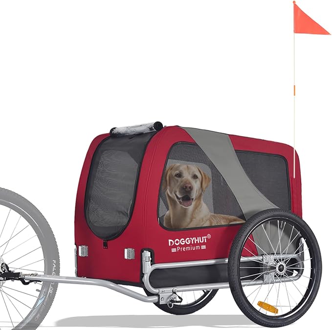 DOGGYHUT® Premium Large Pet Bike Trailer Up to 77 lbs (Red) | Bicycle Trailer for Small Medium or Large Dogs, Dog Bicycle Carrier, Low Center of Gravity, Folding Frame Cart