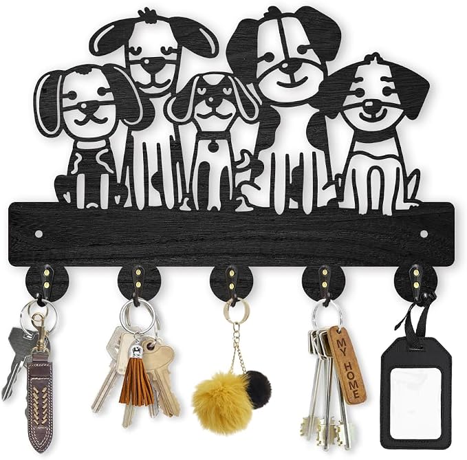 MAYJOYDIY Dog Coat Hook Wall Mount 11.8x7.9in Wood Cute Pet Animal Puppy Wall Art Decor 5 Alloy Hooks Black Hook Rack Hat Dog Leash Holder for Entryway Living Room Gift