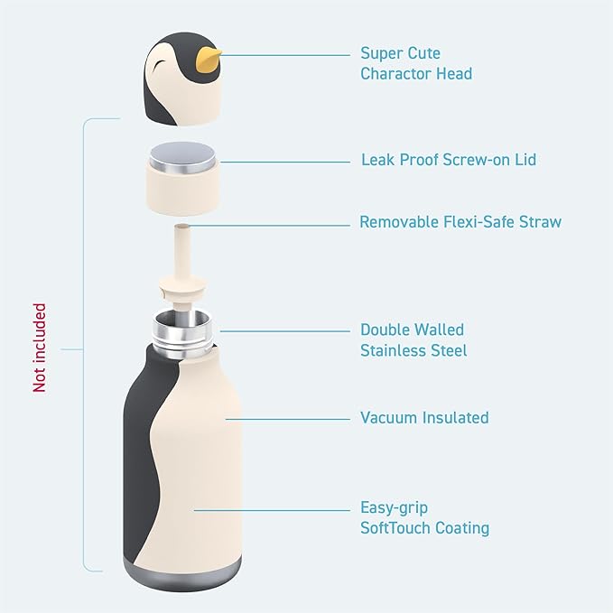 asobu Bestie Bottle Replacement Head For Insulated Stainless Steel Water Bottle, Detachable Soft Animal Head, Collectable Bottle Head for Fun Drinking For Kids, Penguin