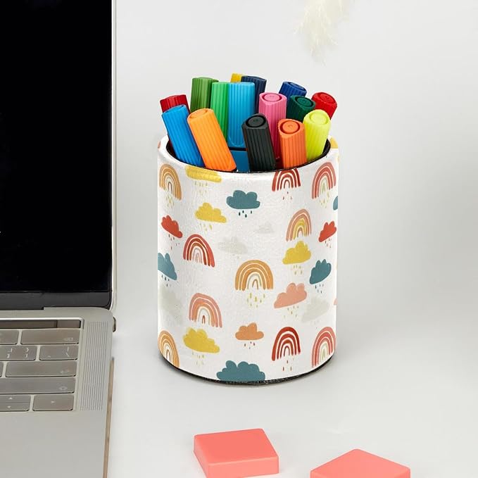 Faux Leather Pen Holder for Desk, Pencil Organizer Rainbows and Clouds Pen Cup Desk Decor Makeup Brush Holder Storage for Office Home