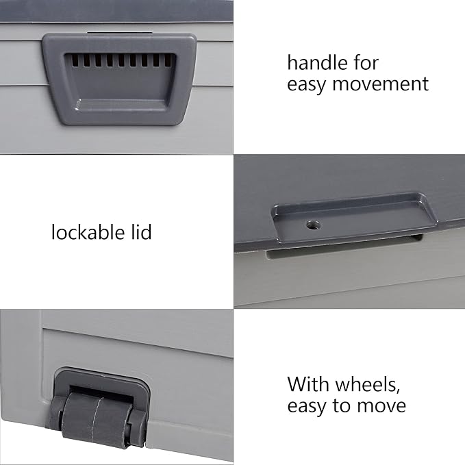 75 Gallon Outdoor Storage Box with Wheels, Waterproof Resin Deck Box for Patio Cushions Garden Tools Toys, Rolling Garden Storage Bin, Weather Resistant Trunk, Plastic Lockable Seat Bench