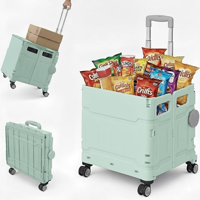 Foldable Utility Cart, Portable Rolling Crate with 360° Rotating Wheels, Detachable Lid,Telescoping Handle, Collapsible Trolley for Travel, Office, Grocery, and Storage (Extra Large Green)