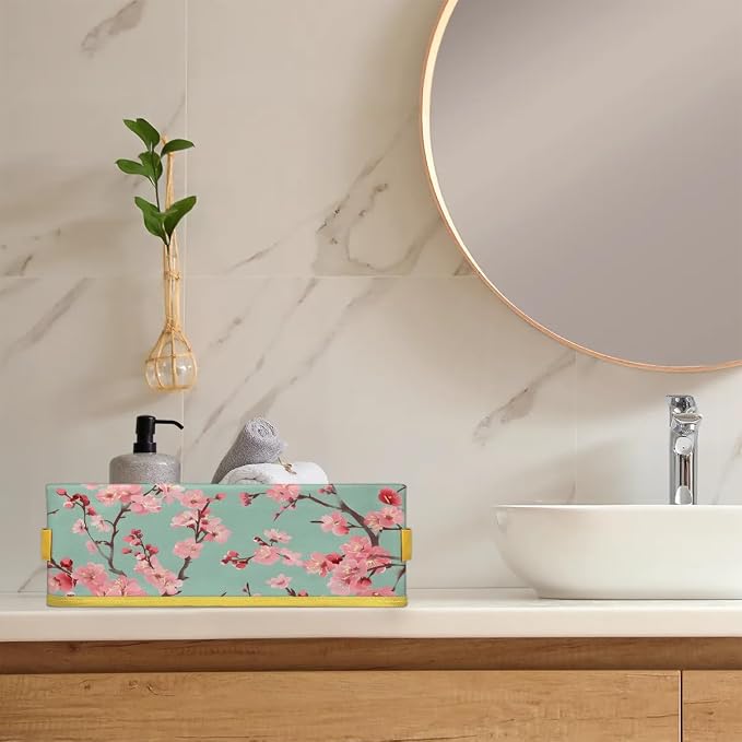 Beautiful Pink Flower Bathroom Storage Basket, Foldable with Handle Open Countertop Paper Towel Decorative Box, Toilet Tank Top Shelf Baskets for Home Closet Bedroom Living Room Office