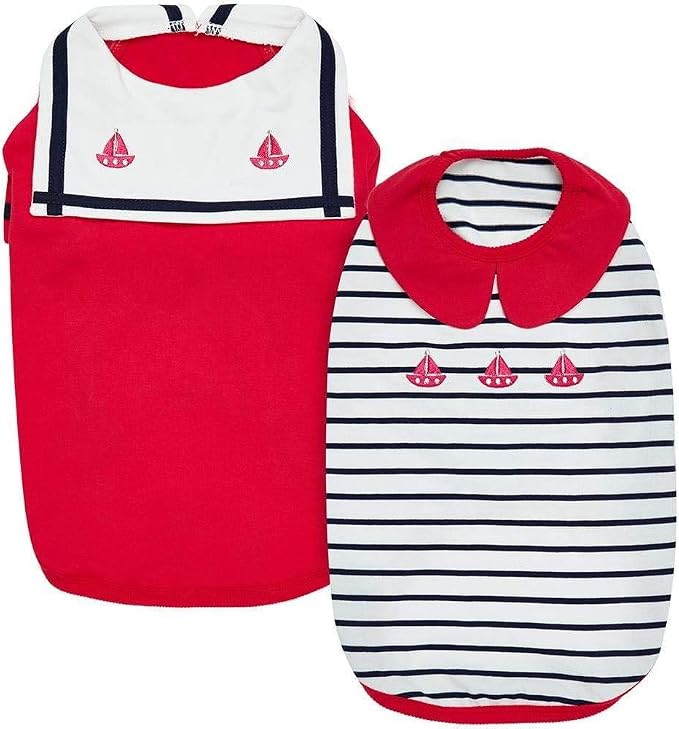 Blueberry Pet Soft & Comfy Summer Vacation Beach Cotton Dog T-Shirts, Cerise Red, 2 Pack, Sailor Suit Shirts Tank Top Clothes, Back Length 20"