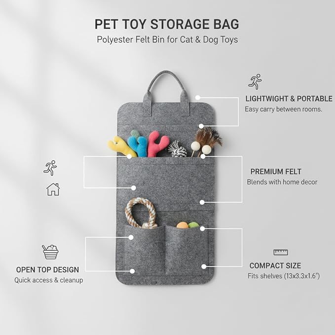 Pet Toy Storage Bag, Polyester Felt Bin for Cat and Dog Toys, Open Top Organizer for Shelves and Living Room, 13 x 3.3 x 1.6 Inches (1 PC)