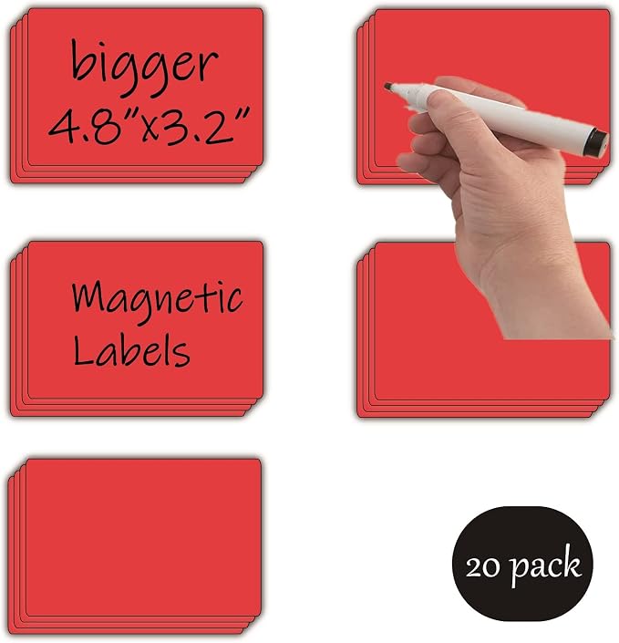 STTMGN Dry Erase Big Magnetic Labels (4.8x3.2,Pack of 20),Large Write On Magnets Name Plates Sticker,Waterproof/Reusable for Refrigerator&Lockers&Whiteboard&Cabinet(Red)