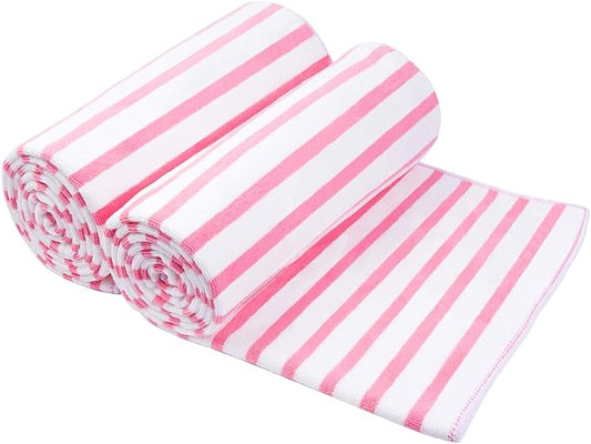 JML Microfiber Bath Towels Set, 2 Pack, 30" x 60", Absorbent Quick Drying Beach Towel Cabana Stripe for Adult, Travel, Summer, Sport, Swimming, Pool, Yoga, Camping, Microfiber StripePink