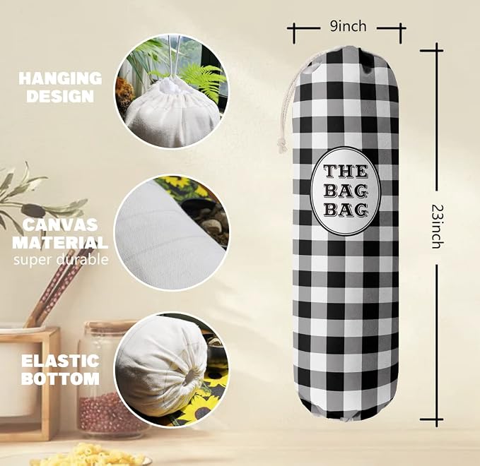 THE BAG BAG Plastic Bag Holder, Black and White Buffalo Check Plaid Grocery Bag Dispenser, Hanging Trash Bag Storage Organizer for Kitchen, Laundry Room, Pantry, Farmhouse Decor, Gifts For Grandma Mom