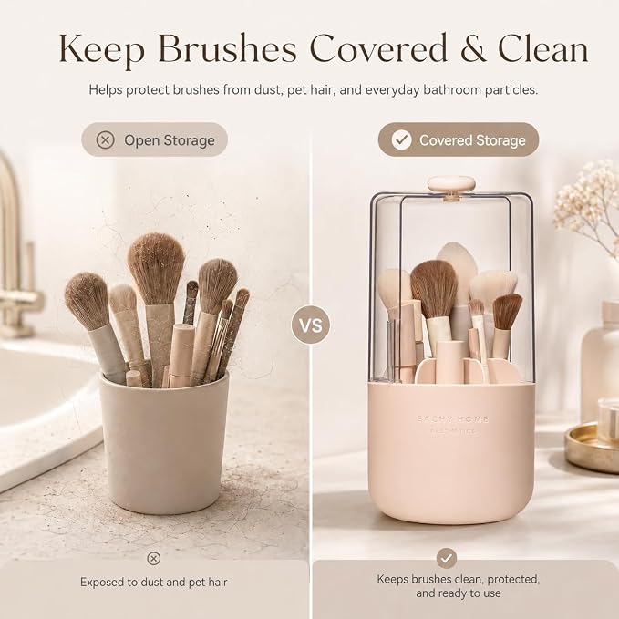 EACHY Makeup Brush Holder with Lid, 360° Rotating Vanity Organizer for Brushes, Dustproof Cosmetic Display Case, 7 Compartments, Waterproof Plastic (Pink)