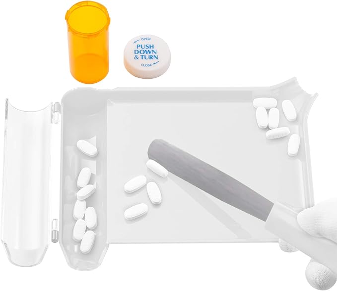 Medarchitect Right Hand Pill Counting Tray with Spatula, White | Dual-channel food-grade surface made without BPA, with hooked plastic handle for sanitary tablet sorting