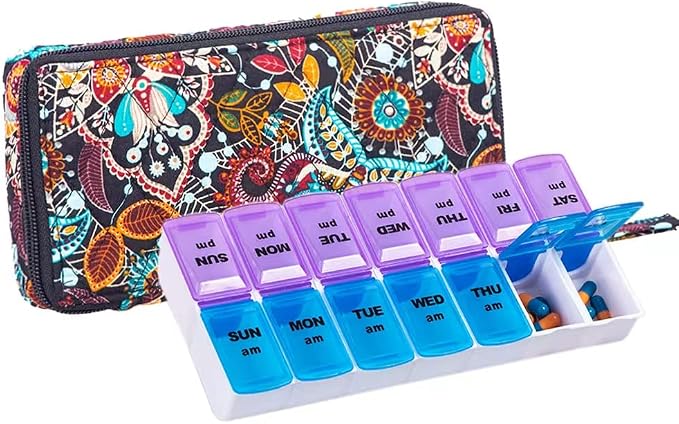 Weekly Pill Organizer 2 Times a Day, Zumd Pill Box 7 Day with Cute Quilted Fabric Zipper Case, Travel Pill Case Am Pm for Vitamin Medicine Organizer