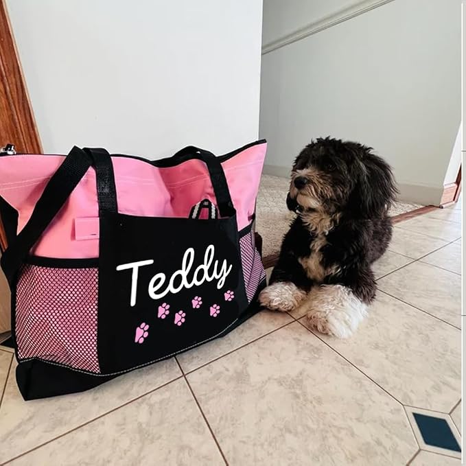 BYFDIY Custom Dog Tote Bag Canvas Mesh Personalized Name Dog Paw Print Tote Bag Doggie Things Pet Birthday Gifts For Women Mom