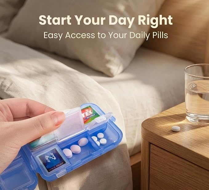 Pill Organizer with 161 Medicine Labels, Daily Travel Pill Case (Blue) | Compact 10-compartment pill case and pill box with 161 medicine labels for 7-day planning, vitamins, supplements, and travel