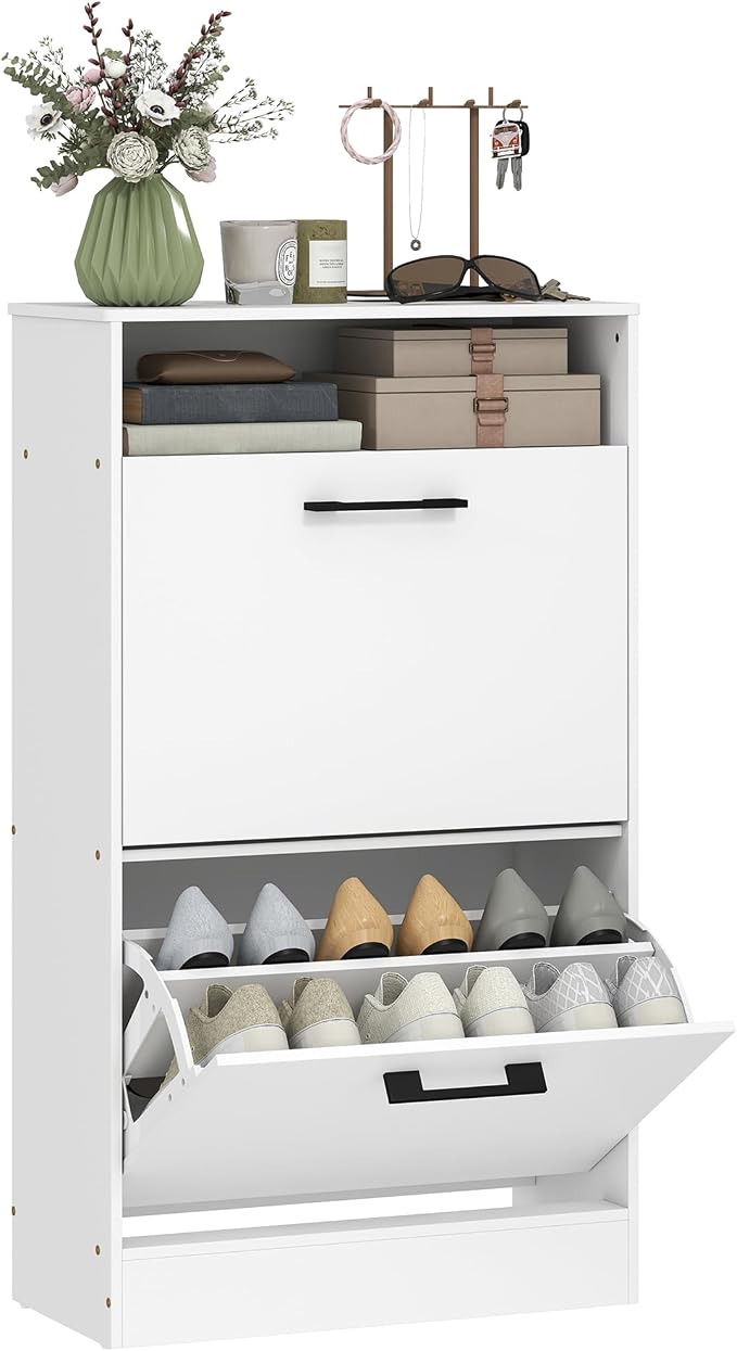 HOMCOM Shoe Cabinet with 2 Flip Drawers, Open Shelf, up to 12 Pairs, White | Narrow Storage Cabinet, Adjustable Dividers, Entryway Shoe Storage Unit, for Hallway