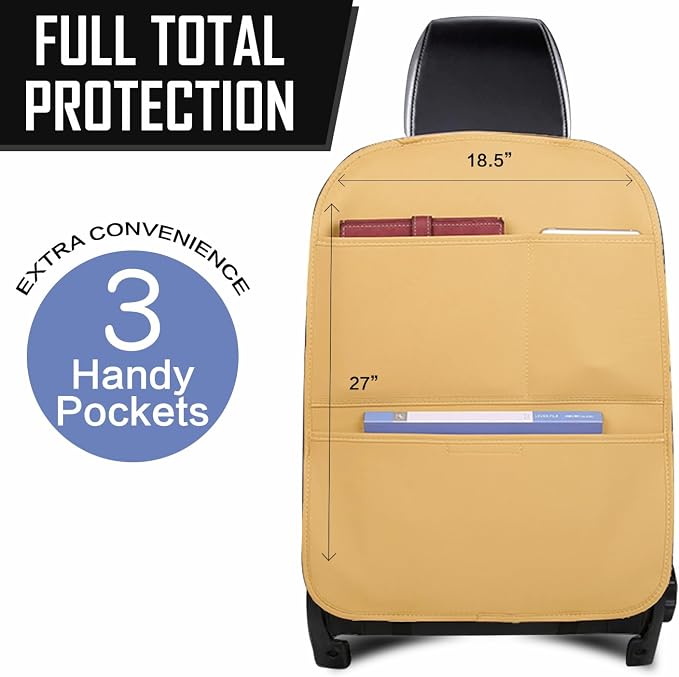 Kick Mat Back Seat Protector， Waterproof Leather Car Seat Back Organizers Cover with 3 Storage Pockets for Kids Pets SUV Sedan Minivan Truck Car Travel Accessories (Cayenne Yellow 2-pack)