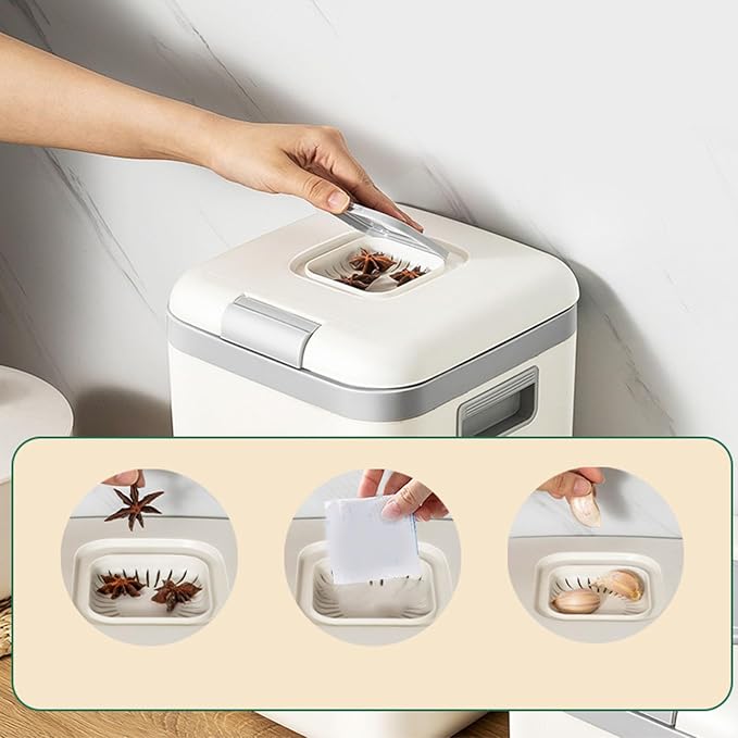 HERCHR One Button Open Cover Rice Bucket, Airtight Rice Storage Container with Visual Window Multifunctional Pet Food Dispenser Dry Food Storage Bin