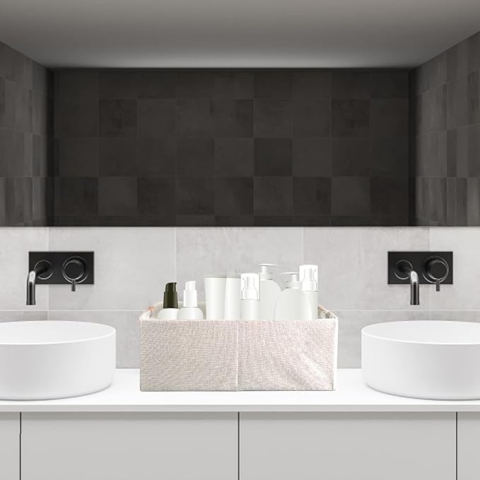 Fabric Storage Box, 16x12in Foldable Cotton Linen Basket with Wooden Handle | Large Rectangular Cube Decorative Home Laundry Organizer Clothes Blanket Container Organizing Clothes Sheets Jeans, Beige