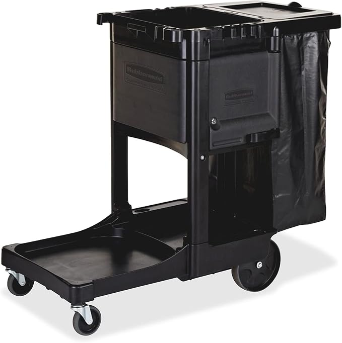 Rubbermaid Commercial Products Executive Series Janitorial and Housekeeping Cleaning Cart with Locking Cabinet, Wheeled with Zippered Black Vinyl Bag, Black, 38.4" H x 21.8" W x 46" L