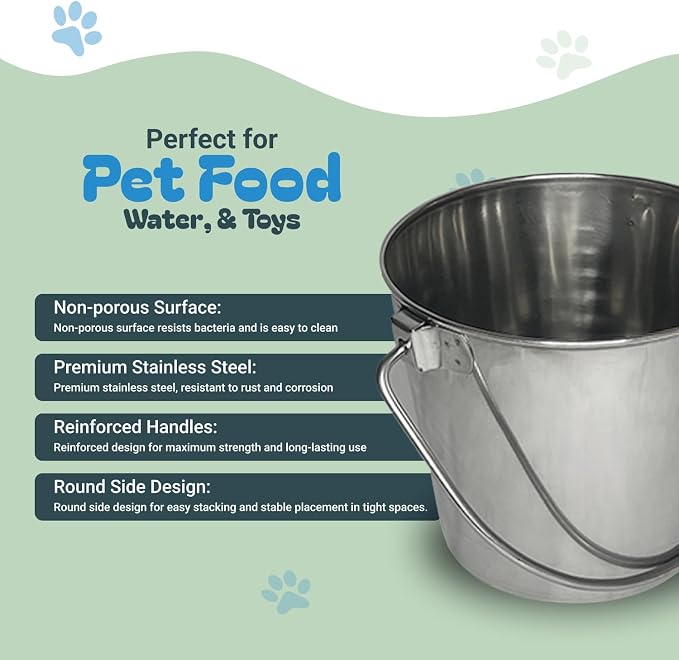Heavy Stainless Steel Round Bucket, 4 Quart | Durable Food & Water Pail for Dogs, Cats, Kennels, Cages and Critter Crates | Multi-Purpose Bucket