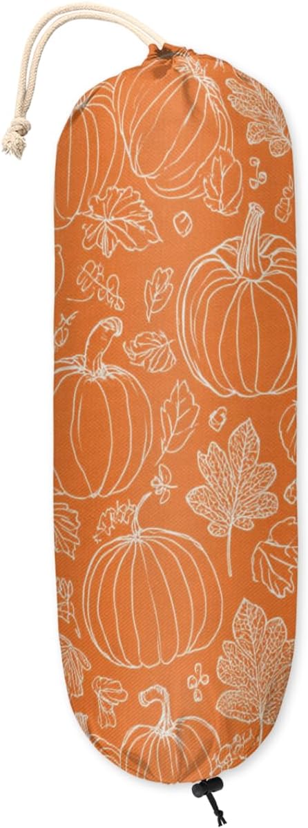 Orange Pumpkin Plastic Bag Holder Autumn Leaf Grocery Bag Storage Dispenser Washable Hanging Shopping Bags Carrier Reusable Wall Mount Trash Bag Organizer for Kitchen Pantry