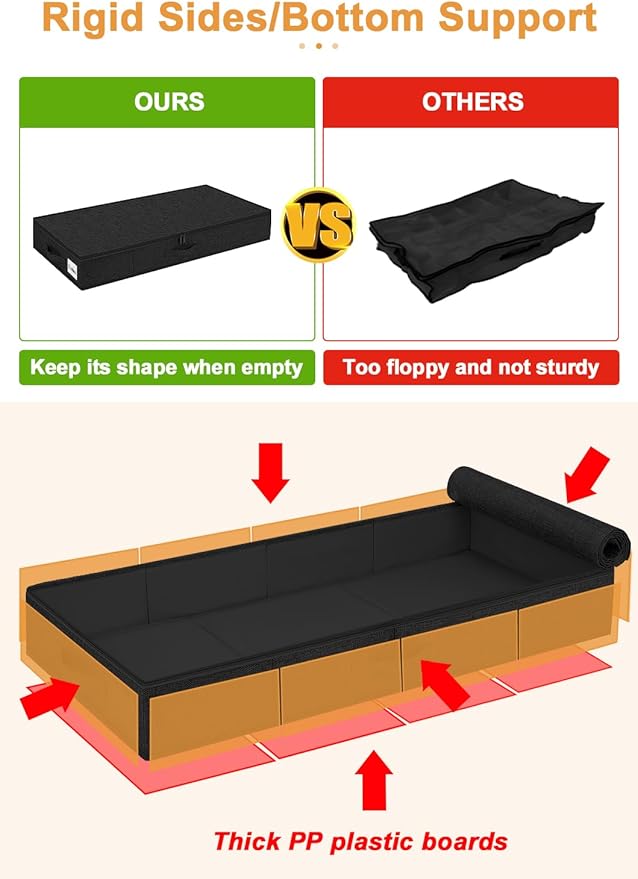 punemi 4.5 in Tall Low Profile Under Bed Storage Containers, 2 Pack, Black | Structured Clothes Organizer Bin with Reinforced Sides & Bottom, Shallow Design for Dorm, Couch, Crib & Closet Storage