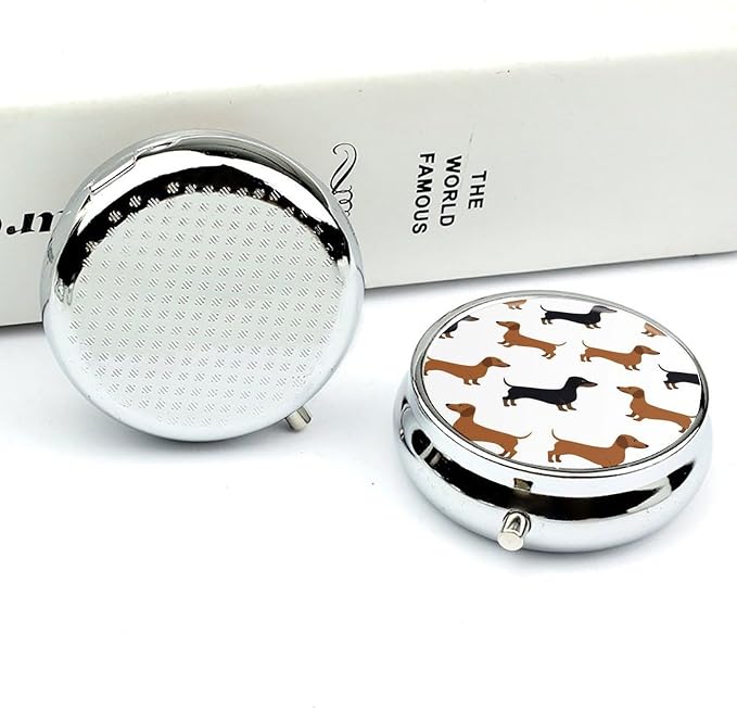 3 Compartment Round Pill Box Portable Metal Travel Pill Organizer | Dachshund Weiner Pet Dogs Pill Case to Hold Vitamins, Medication, Fish Oil and Supplements, Ideal for Purse & Pocket