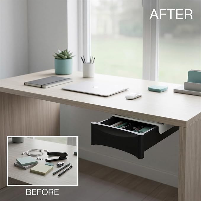 Under Desk Drawer Organizer, Invisible Hanging Storage Container, Smooth Pull Out Design, Large Capacity PET Drawer with Self Tapping Screws and Adhesive Backing, 8.9 x 7.5 x 2.6 in, Black