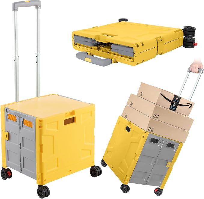 Foldable Shopping Utility Cart Portable Rolling Crate Handcart with 360°Rotate Wheel,Hidden Lid,Telescoping Handle Collapsible for Travel Shopping Moving Storage Office Use(Yellow/Gray)