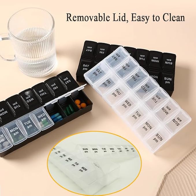 Large Pill Organizer, Weekly Portable Pill Dispenser Reminder Box | Travel Daily Pill Case Holder, Medication Planner for Vitamin, Medicine, Fish Oil, Supplements, 14 Compartment, Transparent