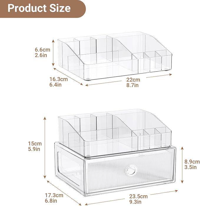 2 Tier Clear Makeup Organizer with Drawer, PET Cosmetic Storage for Dresser, Countertop & Bathroom Vanity, Holders for Lipstick, Brushes, Skincare & Beauty Supplies