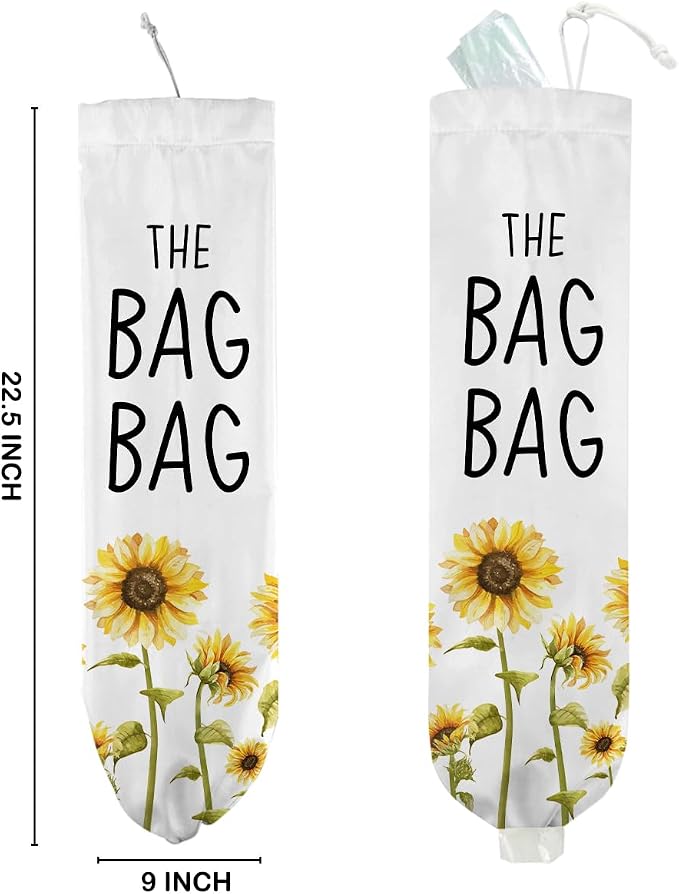 Sunflower Plastic Bag Holder, Wall Mount Grocery Bag Holder for Plastic Bags | Pull Rope Free Adjustment, Sunflower Reusable Shopping Bags Storage Dispenser for Home Kitchen Pantry, 22.5x9 Inch