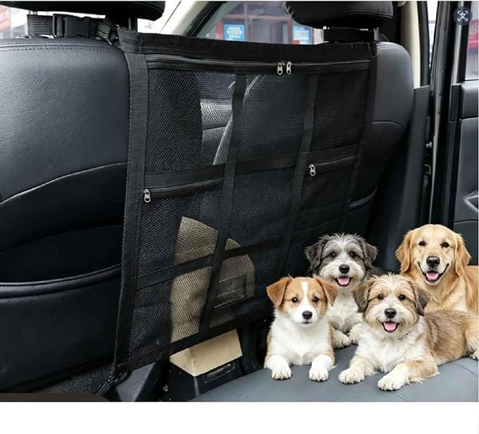 Dog Car Barrier for VW Caddy 2003-2020, Pet Net Organizer | Front Rear Seat Mesh Divider | Breathable Safety Partition | Travel Fence Adjustable Straps | Storage Pockets | Secure Hook