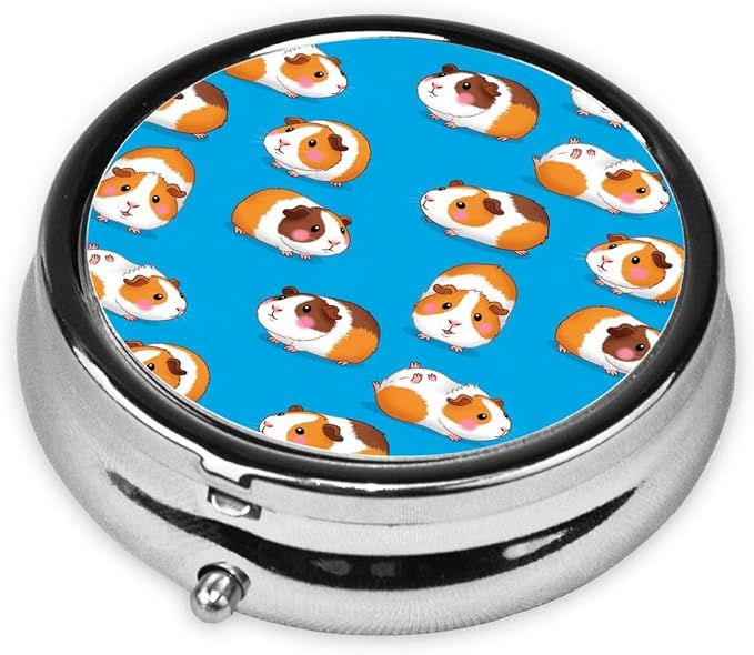 Round Pill Container, 3-Compartment Mini Organizer, Sturdy Metal Case for Medicine, Travel Pill Holder Purse Pocket Essential, Cute Cartoon Guinea Pigs