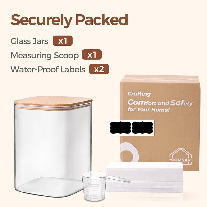 ComSaf Glass Storage Jars with Bamboo Lids 3.6 Qt Large Pantry Square | Cabinet Organization, Flour Sugar Coffee Beans, Pasta Cereal Dry Food, Big Capacity, Dry Food Storage